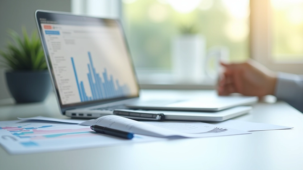 Modern office workspace with financial documents and laptop showing economic data analysis