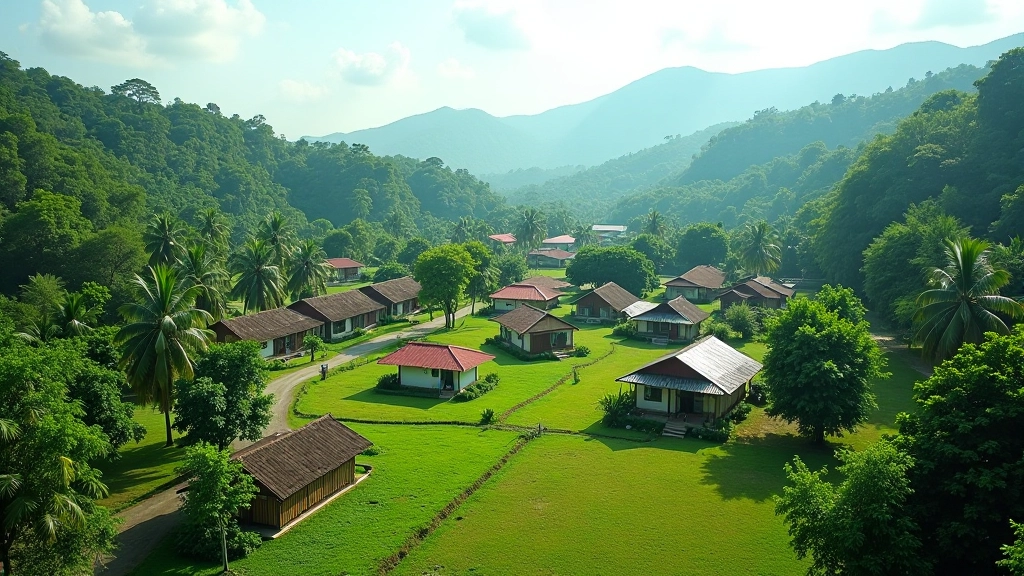 Rural Malaysian village with modest homes and community center building
